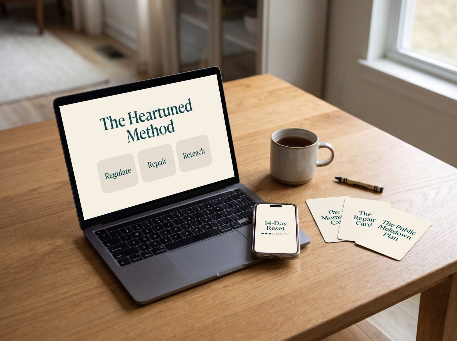 The Heartuned Method on a kitchen table: a laptop with the three modules, a phone open to the 14-Day Reset, and three printed cards.