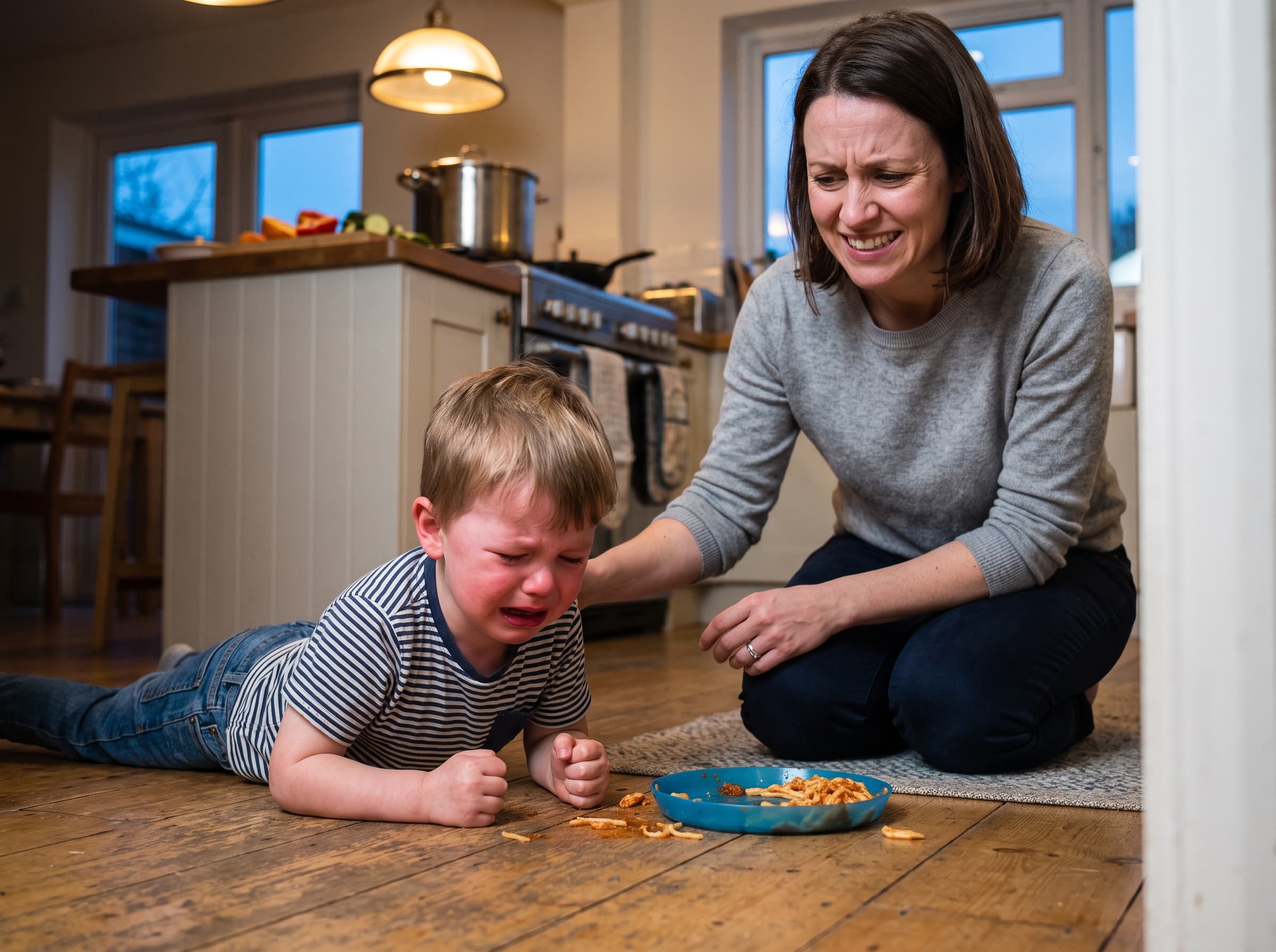A mother kneels beside her crying toddler on the kitchen floor, forcing a calm smile.