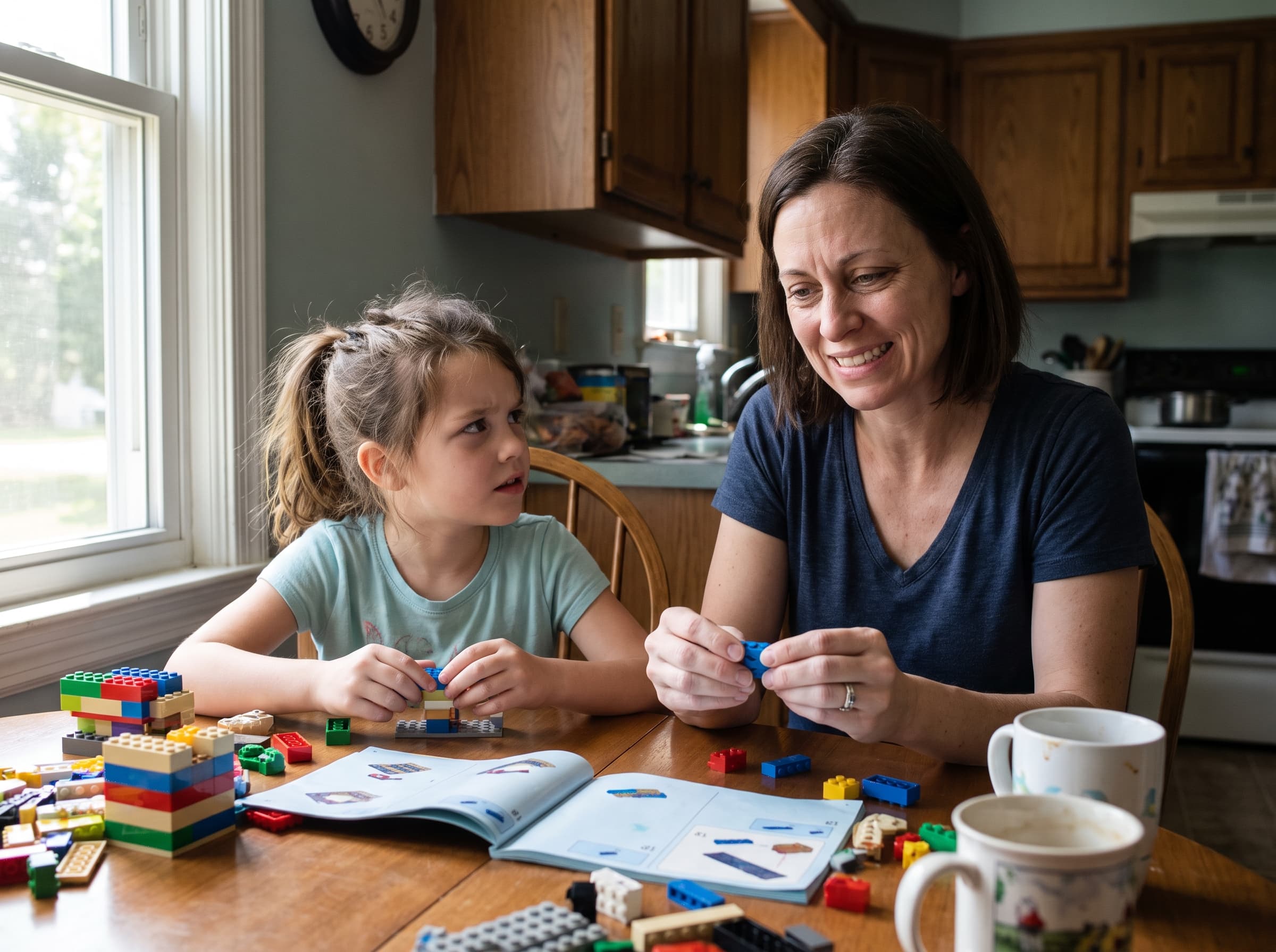 A girl stops building Lego and looks up at her mother’s strained smile.